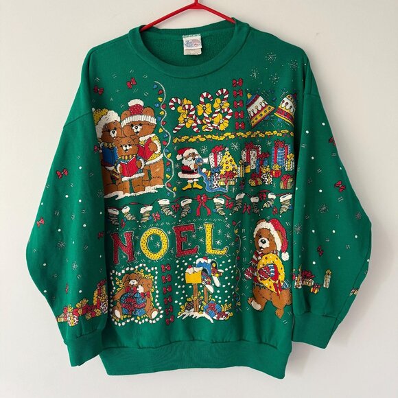80s vintage green christmas teddy bear graphic ugly holiday pullover sweater - Picture 1 of 9